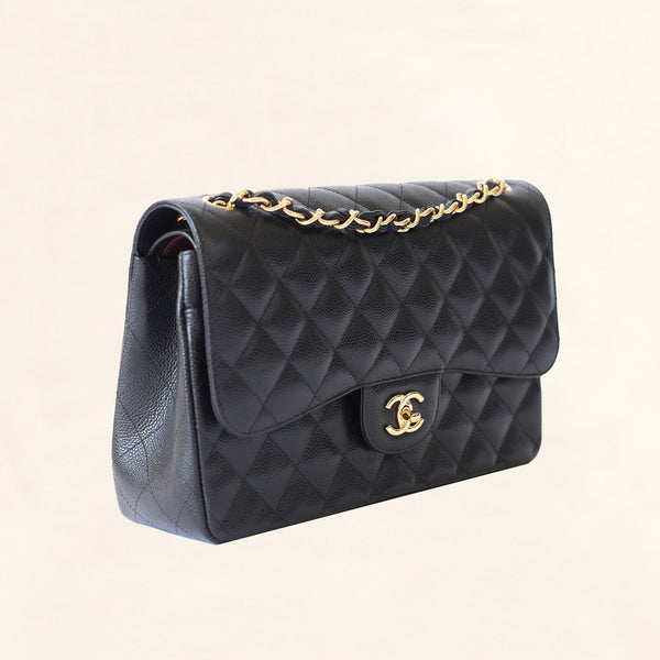 CHANEL CLASSIC FLAP (2679xxxx) JUMBO BLACK CAVIAR LEATHER GOLD HARDWARE,  WITH CARD, DUST COVER & BOX