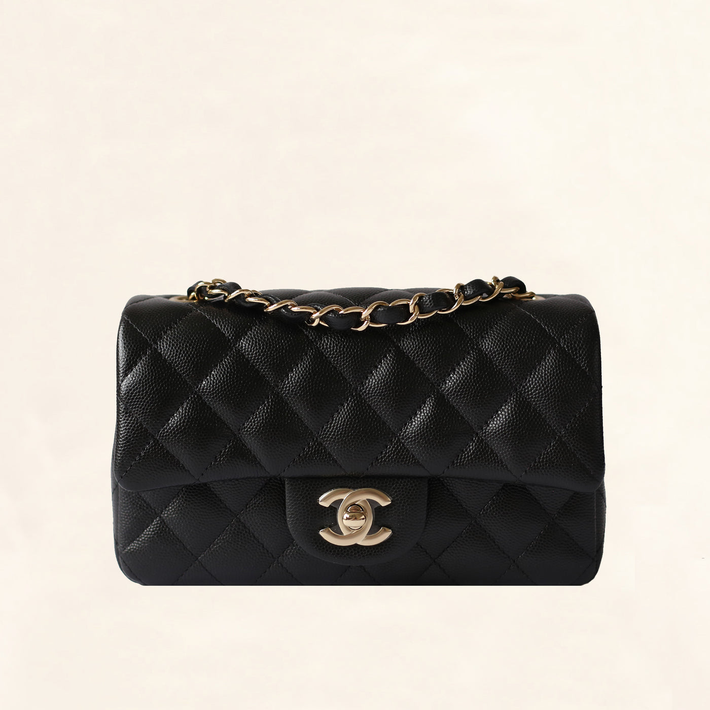 Chanel | Black Caviar Mini Rectangular Flap Bag with Light Gold Hardware