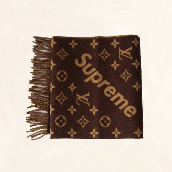 Louis Vuitton x Supreme Brown Wool LV Print Fringe Hem Winter Scarf 68in