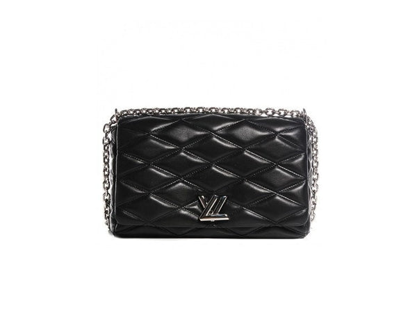 LV Louis Vuitton Embossed Black Lambskin Leather Pouchette With Brass Chain