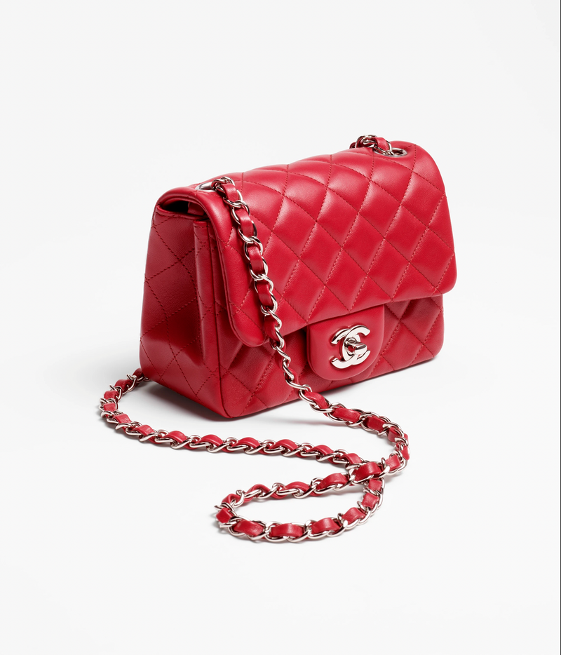 Chanel Red Lambskin Silver Tone Metal Lambskin Mini Flap Bag TC