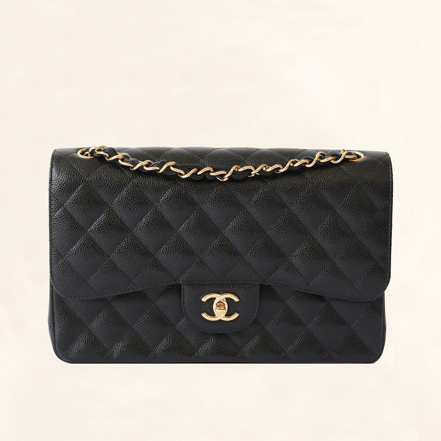 Chanel | Black Caviar Classic Double Flap with Gold Hardware | Jumbo - The-Collectory 