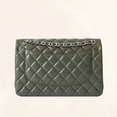 Chanel | Olive Green Calfskin Classic Double Flap | Jumbo - The-Collectory