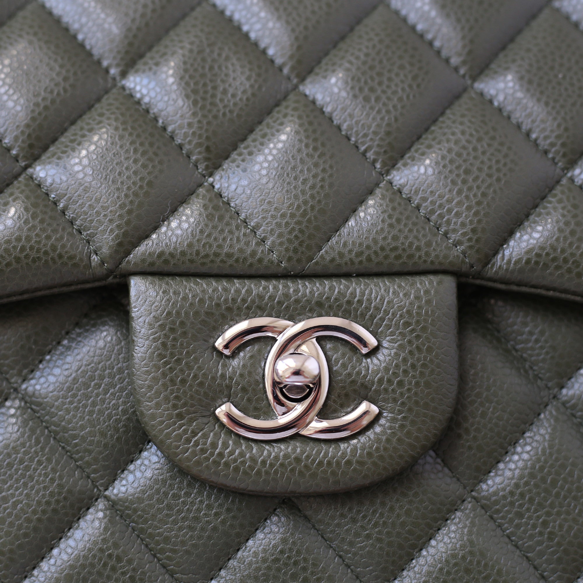 Chanel | Olive Green Calfskin Classic Double Flap | Jumbo– Tc