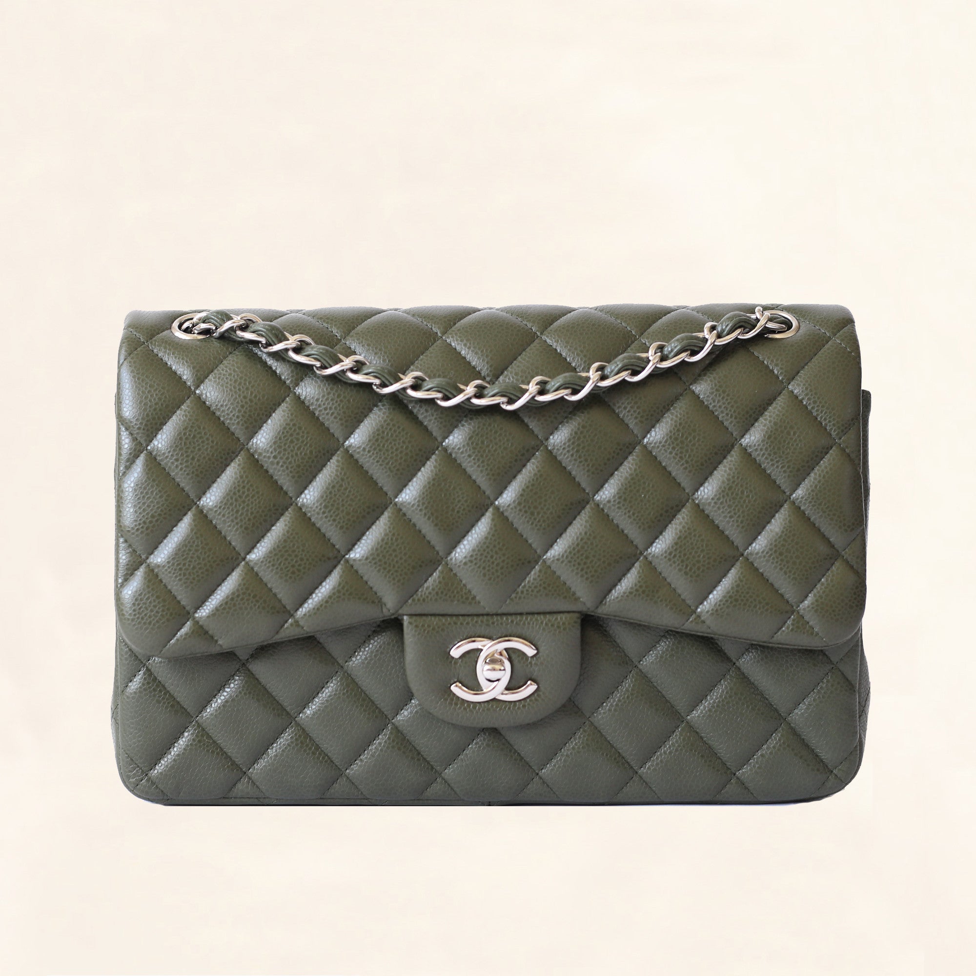 Chanel | Olive Green Calfskin Classic Double Flap | Jumbo