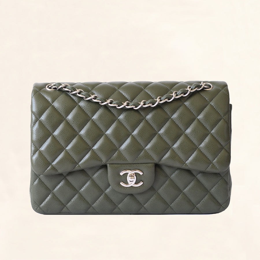 Chanel | Olive Green Calfskin Classic Double Flap | Jumbo - The-Collectory 