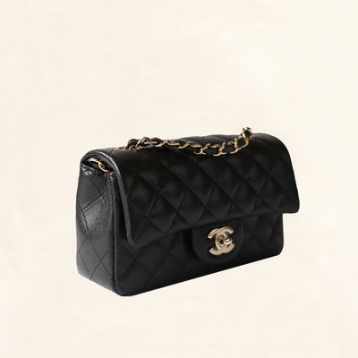 Chanel | Black Caviar Mini Rectangular Flap Bag with Light Gold Hardware - The-Collectory