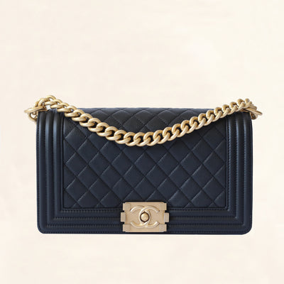 CHANEL SMALL BOY BAG  Black Caviar Leather, Antique Gold Hardware