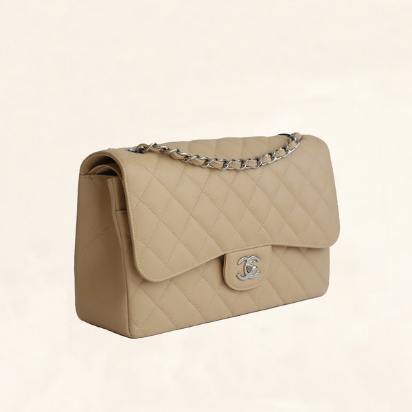 Chanel Classic Medium Double Flap 15C Pearly Beige Quilted Caviar with  matte silver hardware