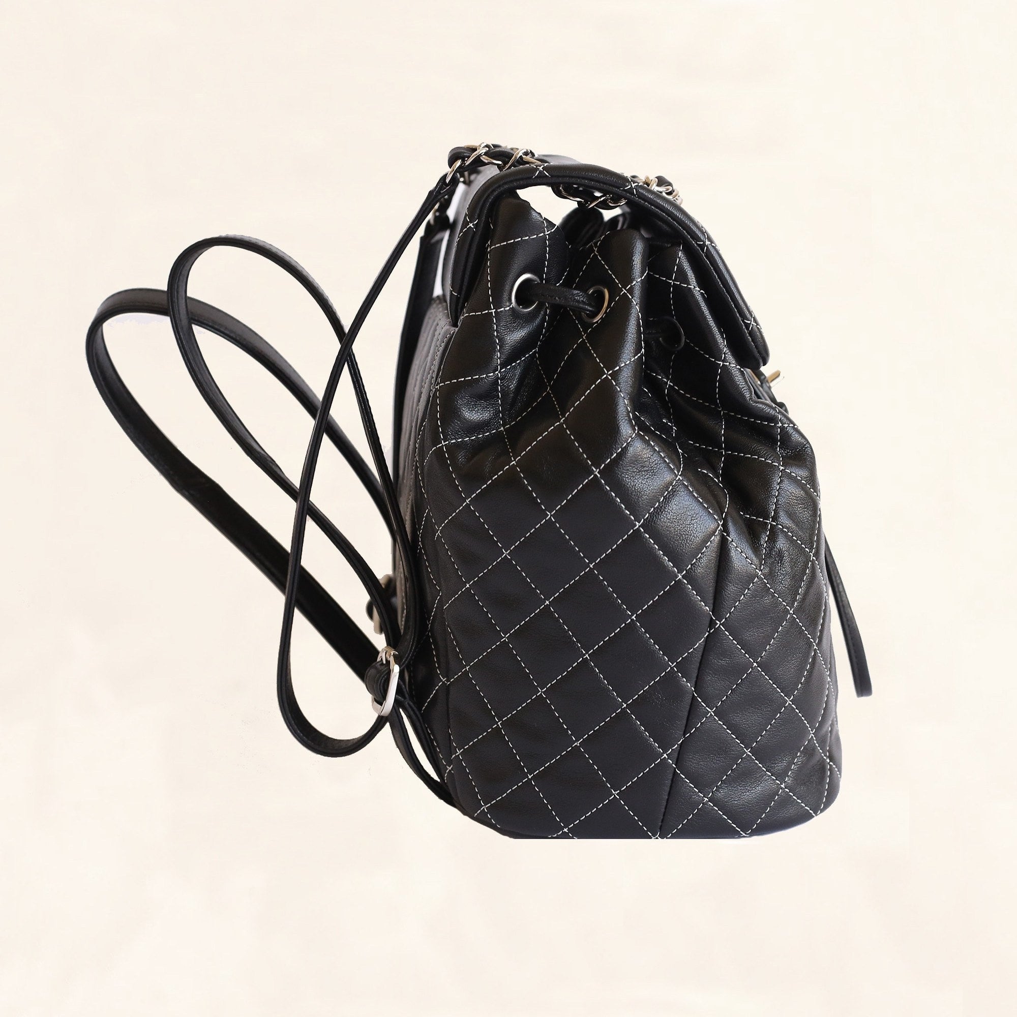 Small Mini Quilted Leather Backpack Drawstring Bucket Bag Flap Purse Chain  Strap