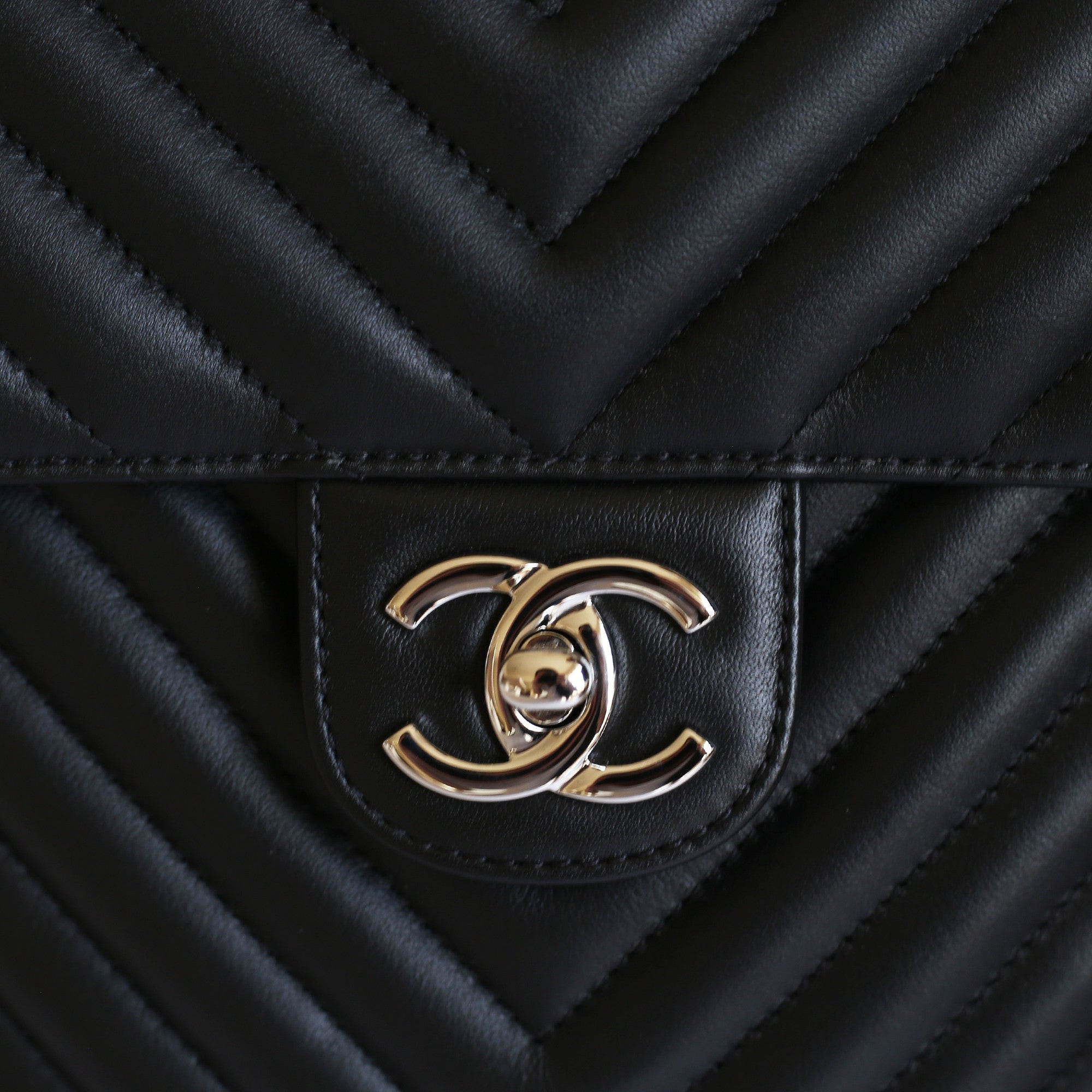 Chanel Black Chevron Caviar Leather Medium Classic Double Flap Bag Chanel