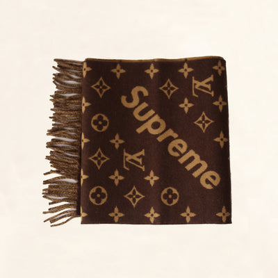 Preowned Louis Vuitton X Supreme Monogram Scarf Brown New (€1.205) ❤ liked  on Polyvore featuring accessorie…