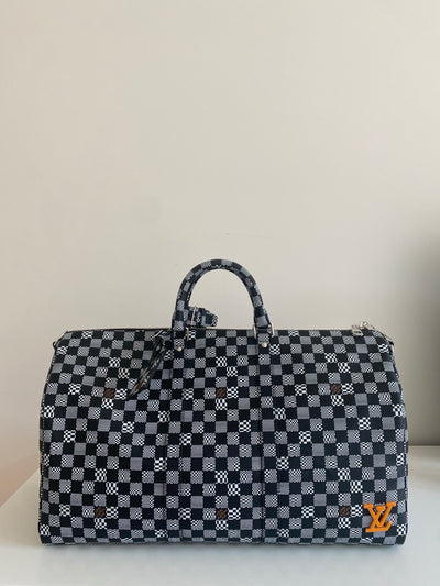 Black Distorted Damier Keepall Bandouliere 50cm in Coated Canvas