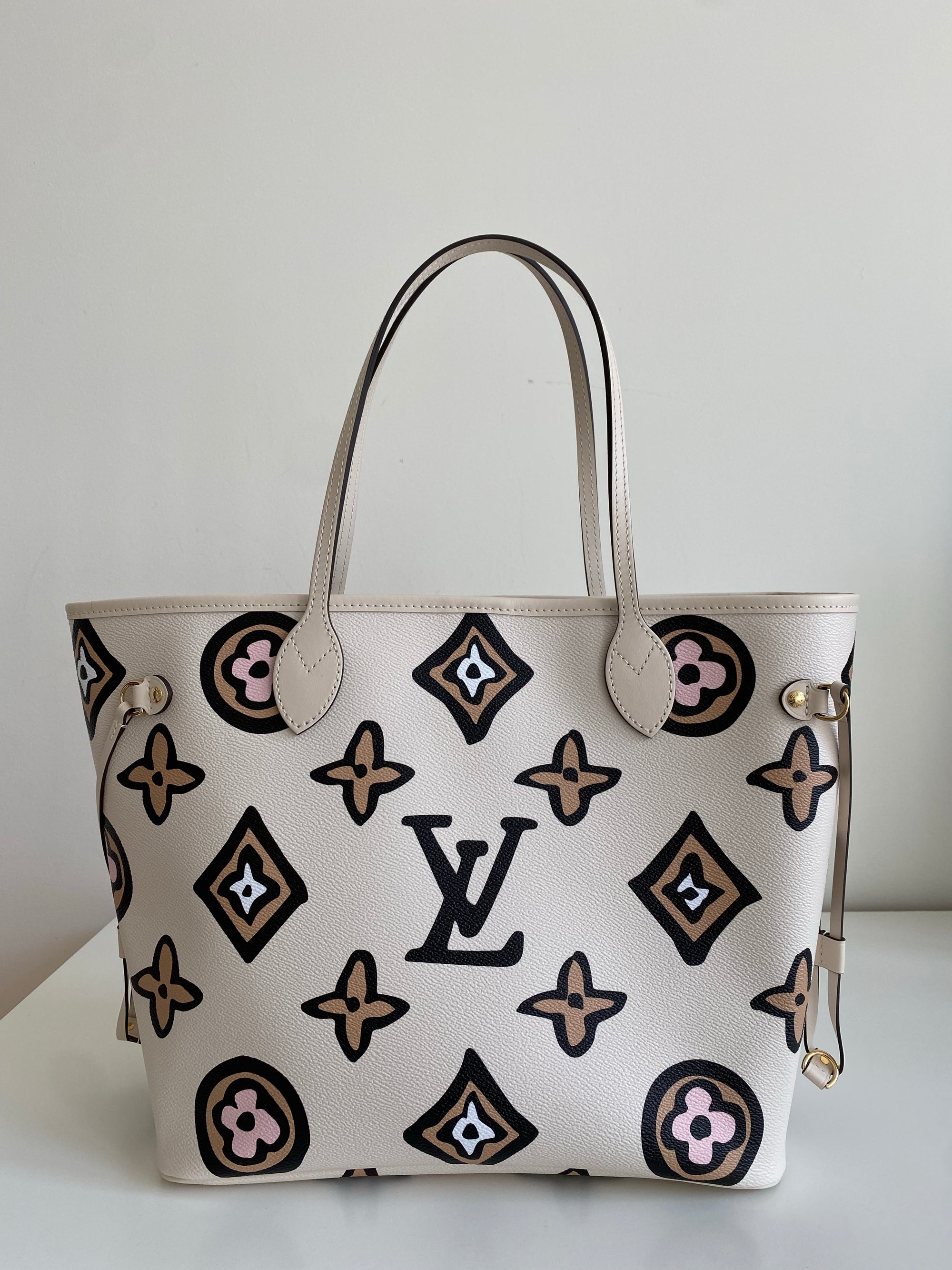 Cream Brown Leather Louis Vuitton Neverfull Mm Monogram Canvas Handbags